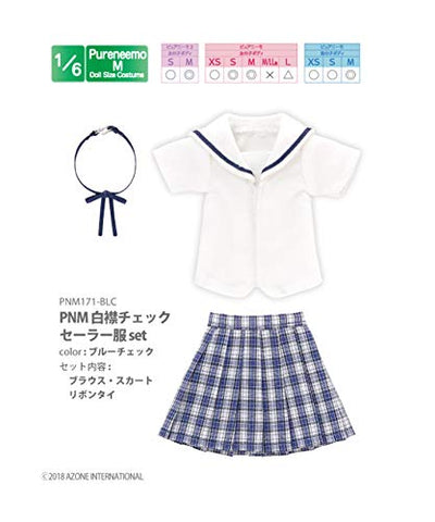 Doll Clothes - PureNeemo M Size Costume - Pureneemo Original Costume - White Collar Check Sailor Clothes Set - 1/6 - Blue Check (Azone)