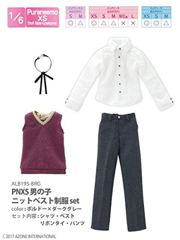 Doll Clothes - Pureneemo Original Costume - PureNeemo XS Size Costume - Boys Knit Vest School Uniform Set - 1/6 - Bordeaux x Dark Gray (Azone)