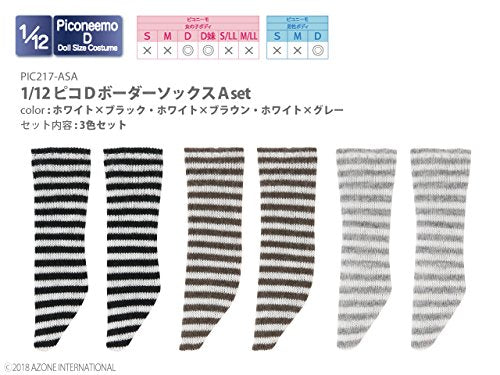 Doll Clothes - Picconeemo Costume - Border Socks A Set - 1/12 - White x Black, White x Brown, White x Gray (Azone)