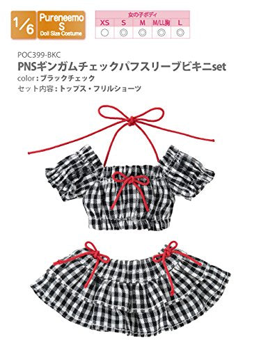 Doll Clothes - Pureneemo Original Costume - PureNeemo S Size Costume - Gingham Check Puff Sleeve Bikini Set - 1/6 - Black Plaid (Azone)