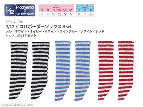 Doll Clothes - Picconeemo Costume - Border Socks B Set - 1/12 - White x Navy, White x Light Blue, White x Red (Azone)