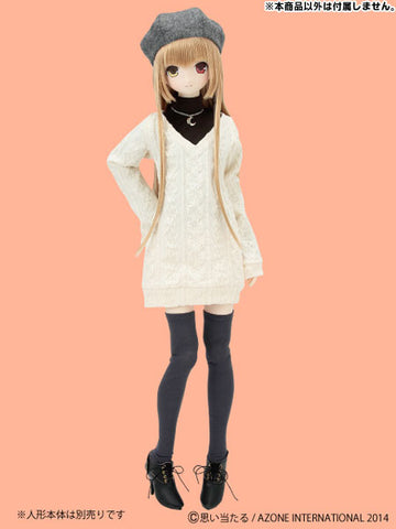 48/50cm Doll Wear - AZO2 Cable Knit One-piece Dress Retro Style Set / Beige (DOLL ACCESSORY)