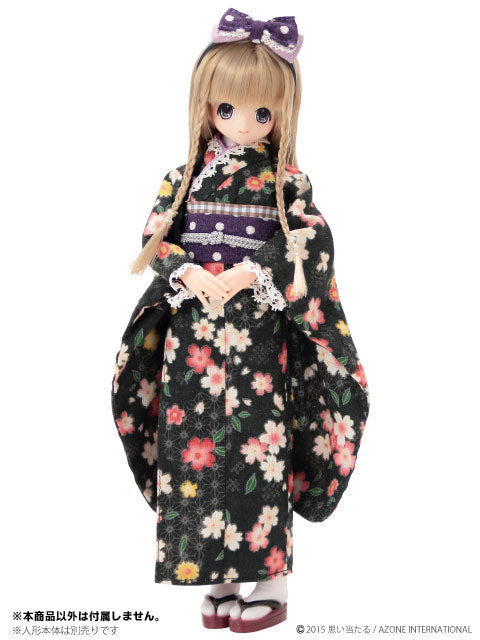 Doll Clothes - PureNeemo XS Size Costume - Pureneemo Original Costume - Kimono/Ruffle Hakama Set -Hinazakura- - 1/6 - Black (Azone)　