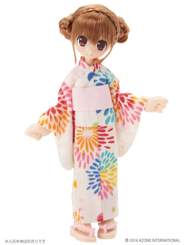 Doll Clothes - Picconeemo Costume - Yukata Set -Large Flowered Fireworks- - 1/12 - White (Azone)