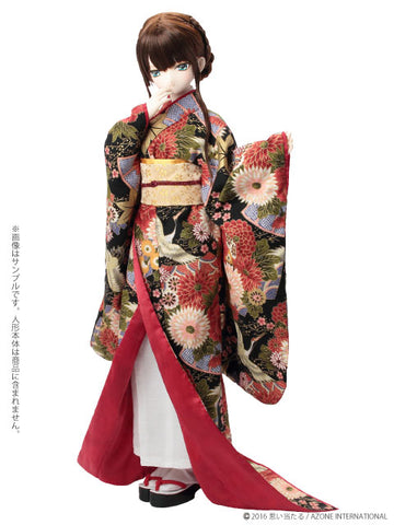 48cm/50cm Doll Wear - AZO2 Susohiki Kimono Set -Kenrankarei- Jet Black (DOLL ACCESSORY)