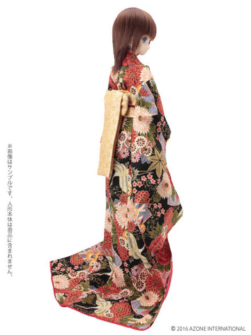 48cm/50cm Doll Wear - AZO2 Susohiki Kimono Set -Kenrankarei- Jet Black (DOLL ACCESSORY)