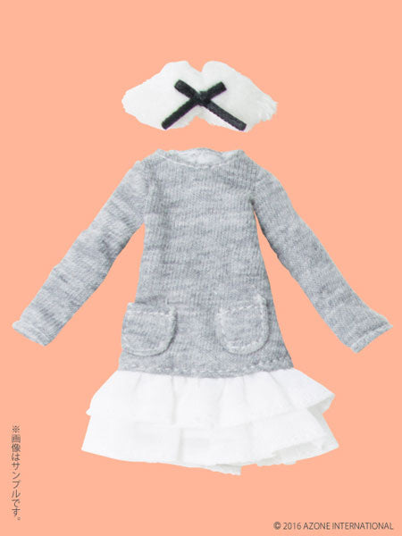 Doll Clothes - Picconeemo Costume - Tippet & Knit Chiffon One-piece Set - 1/12 - Gray x White (Azone)