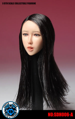 1/6 Asian Female Head 006 Black Hair Long Straight w/Tongue Parts　