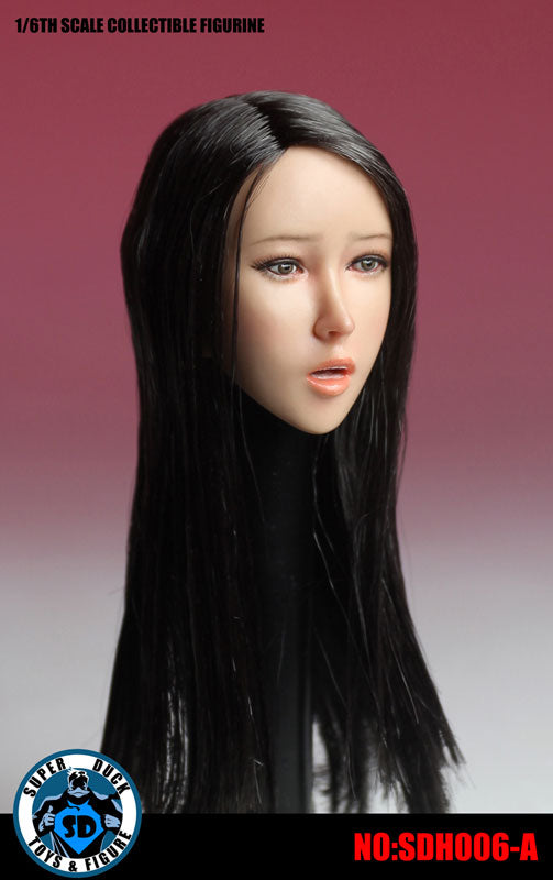 1/6 Asian Female Head 006 Black Hair Long Straight w/Tongue Parts　