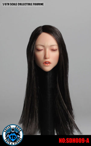 1/6 Asian Female Head 009 Closed Eyes Black Hair Long Straight　